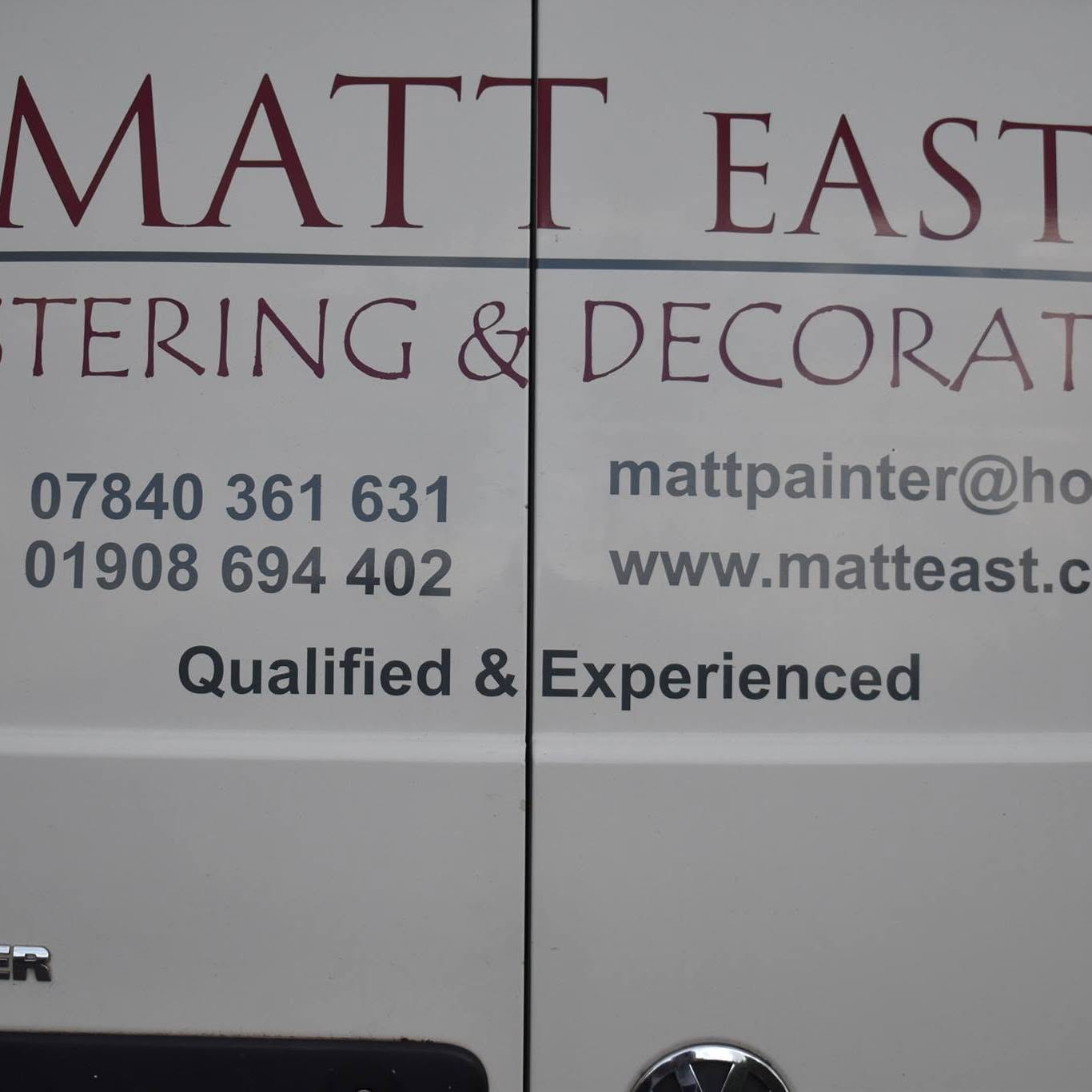 The Matt East Plastering & Decorating van door with phone numbers and email